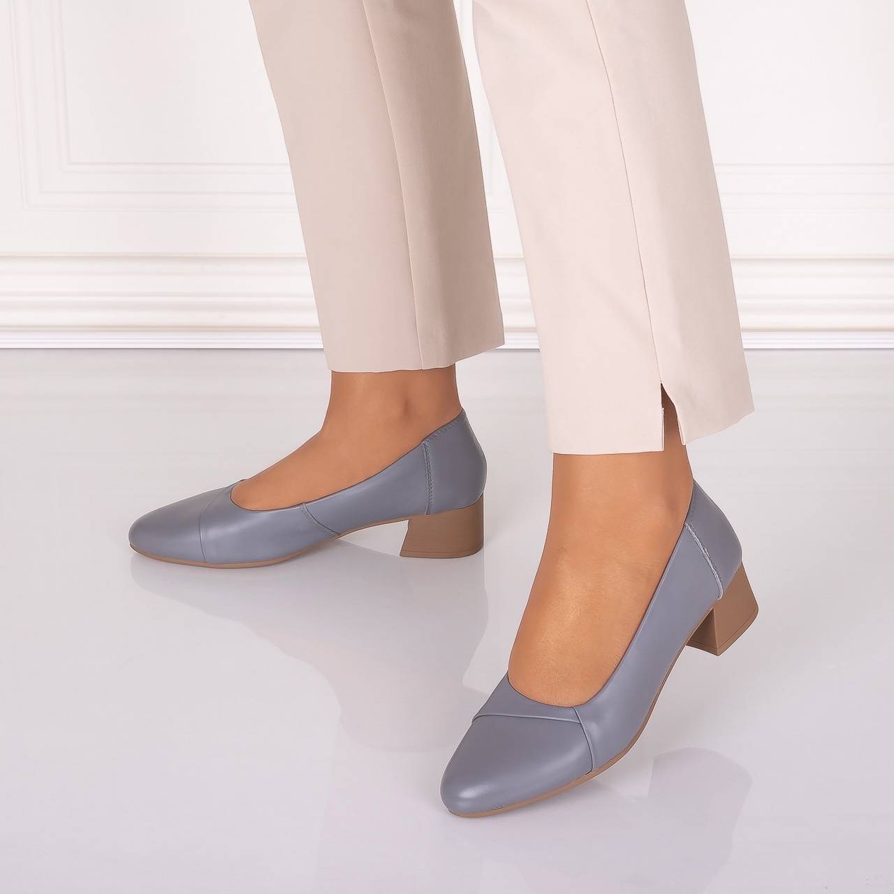 Pantofi dama cu toc Gri din Piele Naturala Rimela - 3 | YEO