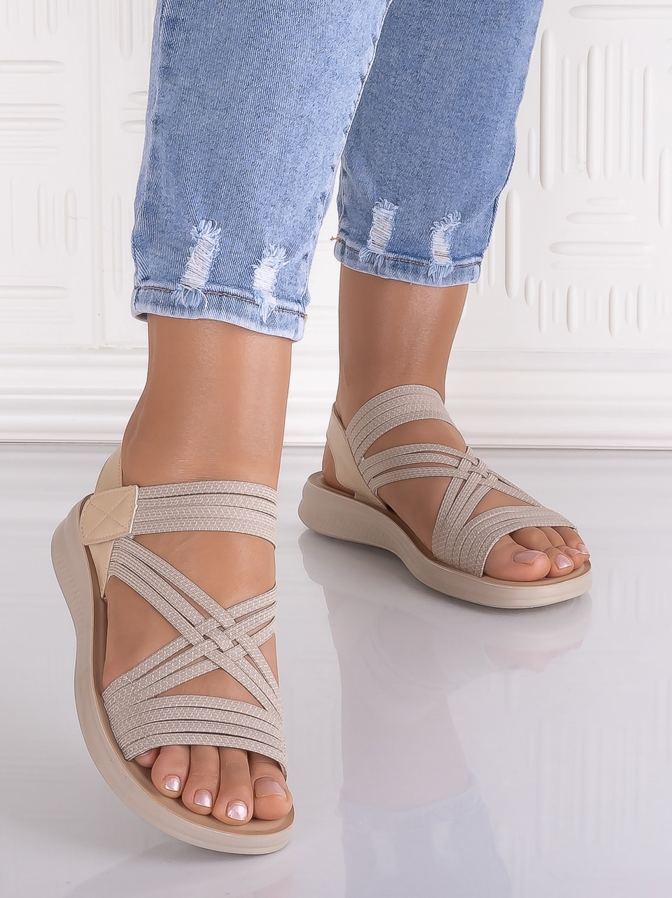 Sandale dama Bej Inchis din Material Textil Waldan - imagine 5