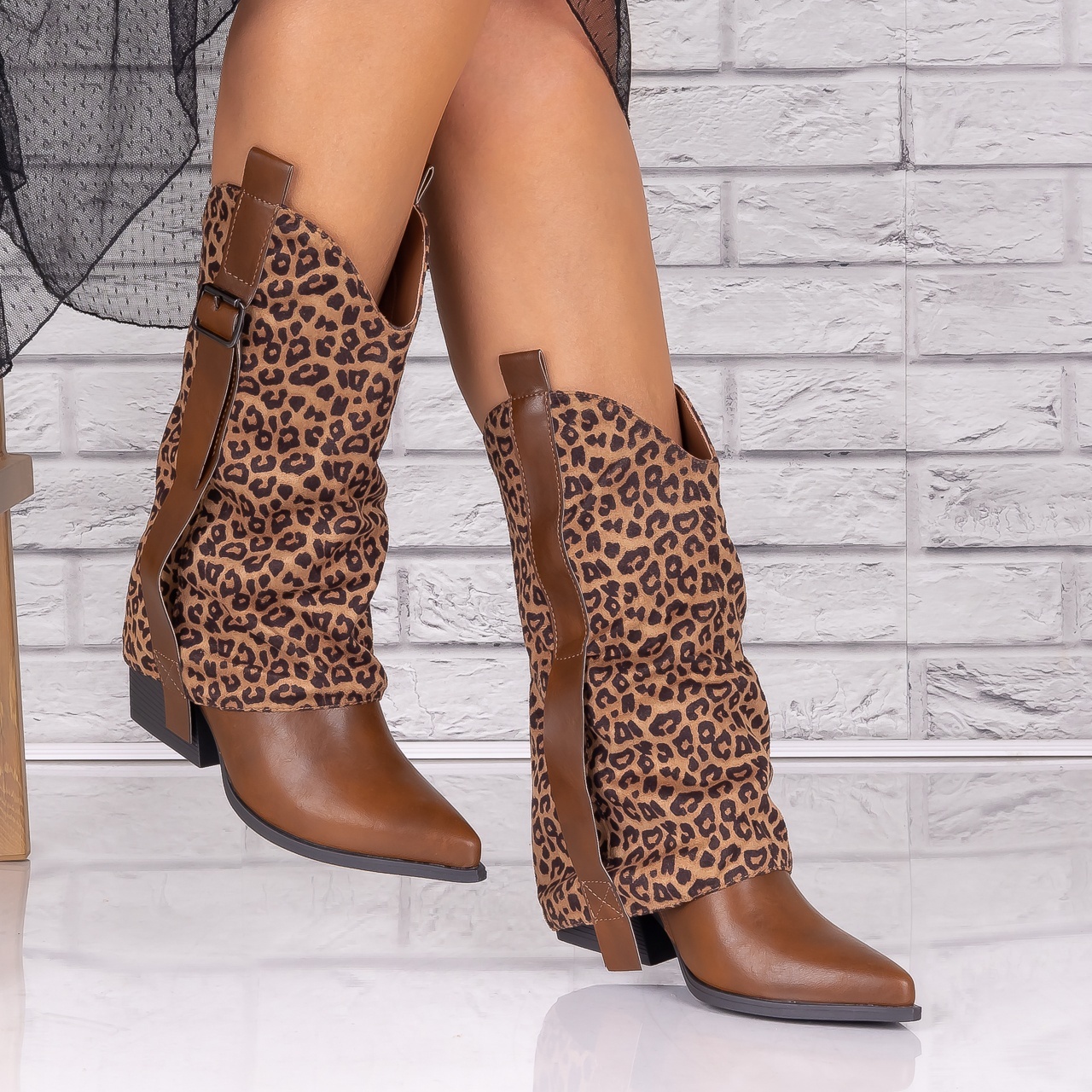 Cizme dama Animal print maro din Piele Ecologica Zayra - 2 | YEO