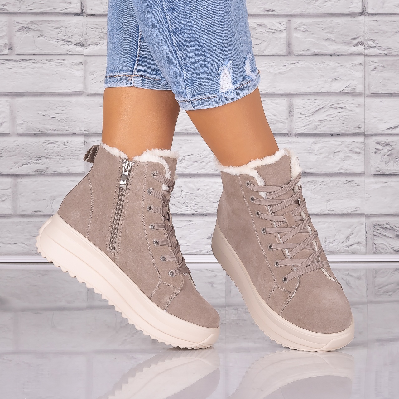 Ghete dama Imblanite Kaki din Piele Naturala Intoarsa Weber - 3 | YEO