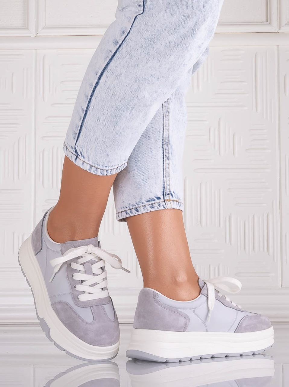 Pantofi dama casual Gri din Piele Naturala Intoarsa si textil Narella - imagine 4