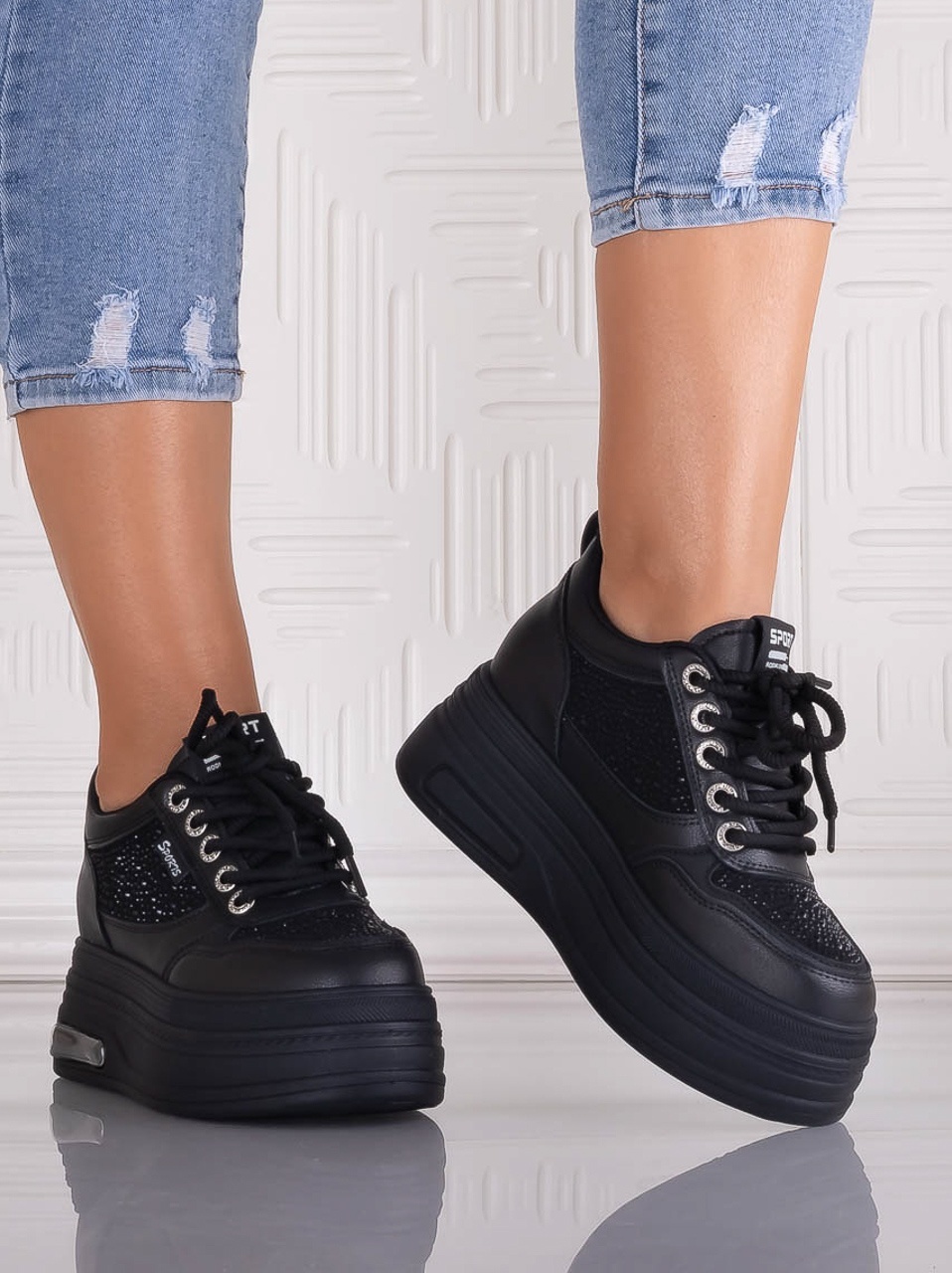 Sneakers dama cu platforma Negri din Piele Ecologica Danisia - imagine 4