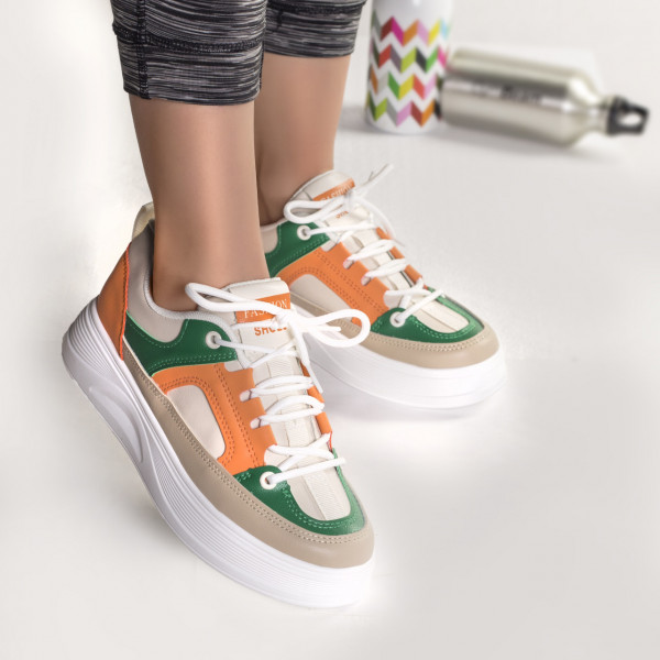 Γυναικεία οικολογικά δερμάτινα sneakers μπεζ με πράσινες ρίμες