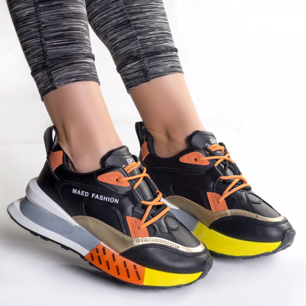 Дамски маратонки черно-оранжеви от еко кожа Juri