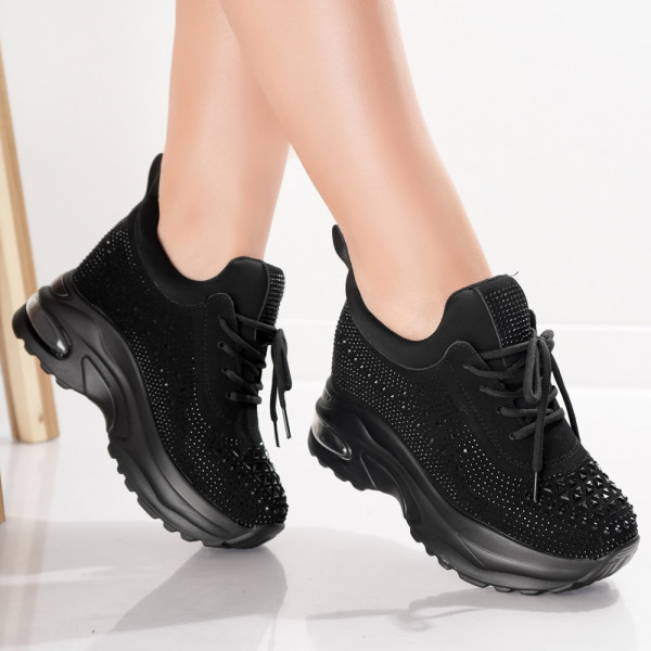 Γυναικεία αθλητικά παπούτσια με πλατφόρμα Μαύρα από βιολογικό δέρμα Molana