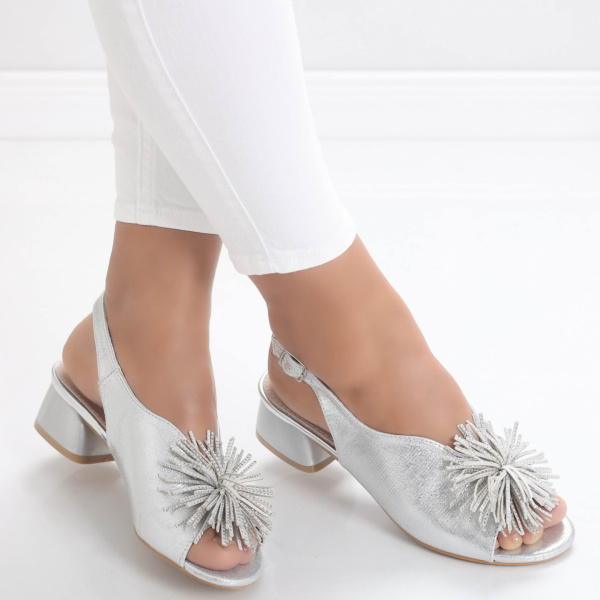 Sandale dama cu toc Argintii din Piele Ecologica Modana