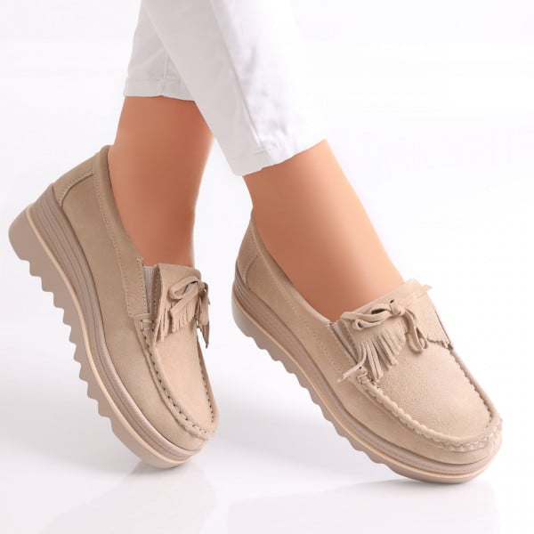 Γυναικεία μπεζ παπούτσια με πλατφόρμα από φυσικό δέρμα Asion