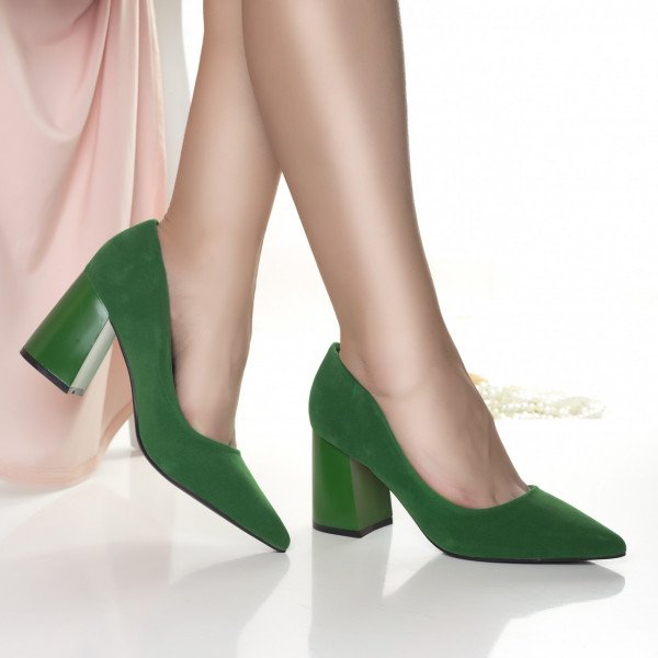 Зелени дамски обувки от екокожа с ток, обърнати на фурга
