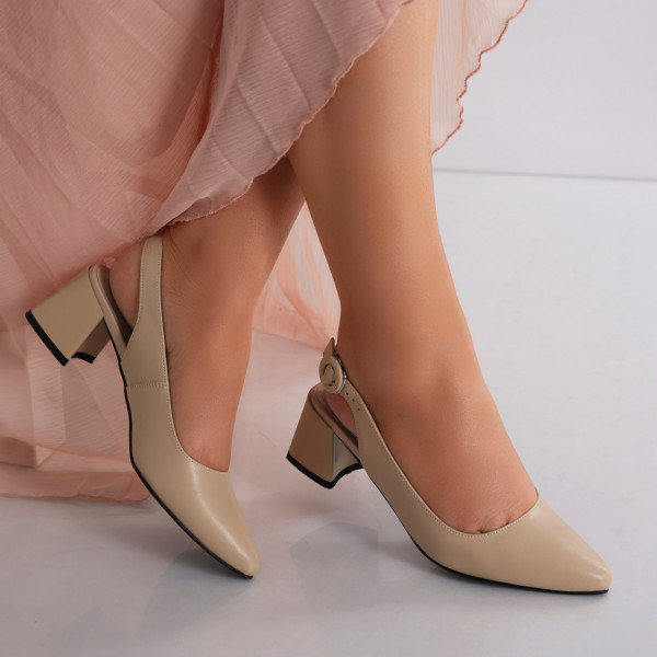 Lezena Γυναικεία παπούτσια με μπεζ φυσικό δερμάτινο τακούνι