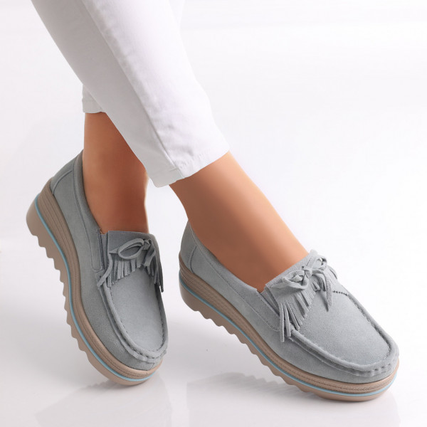 Γυναικεία μπλε παπούτσια με πλατφόρμα από φυσικό δέρμα Asion