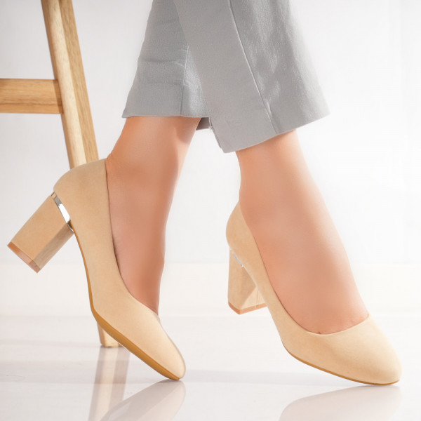 Aroni γυναικεία παπούτσια με μπεζ τακούνι από οργανικό δέρμα