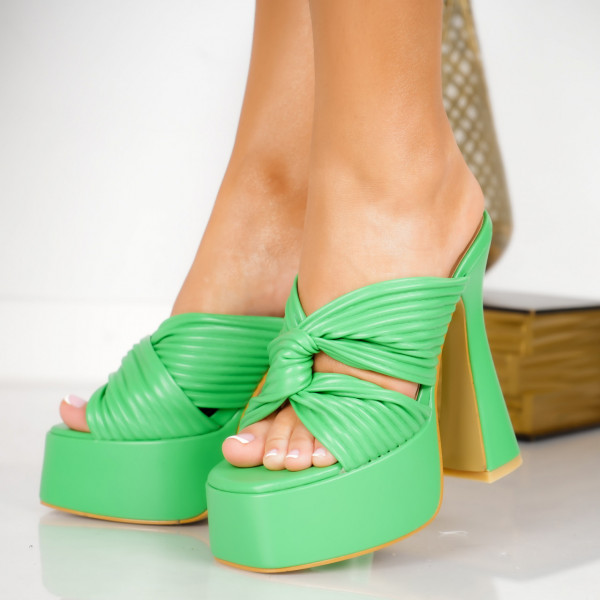 Papuci dama cu toc verzi din piele ecologica Candi