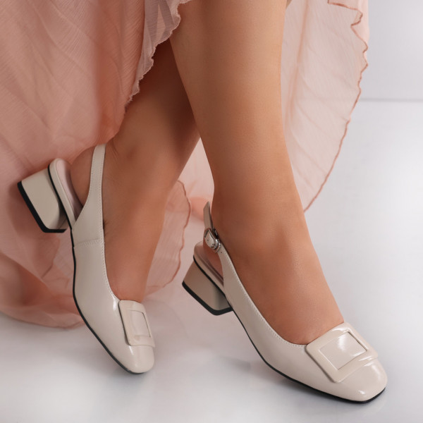 Γυναικεία παπούτσια με μπεζ φυσικό δέρμα λακαρισμένο τακούνι Anezel