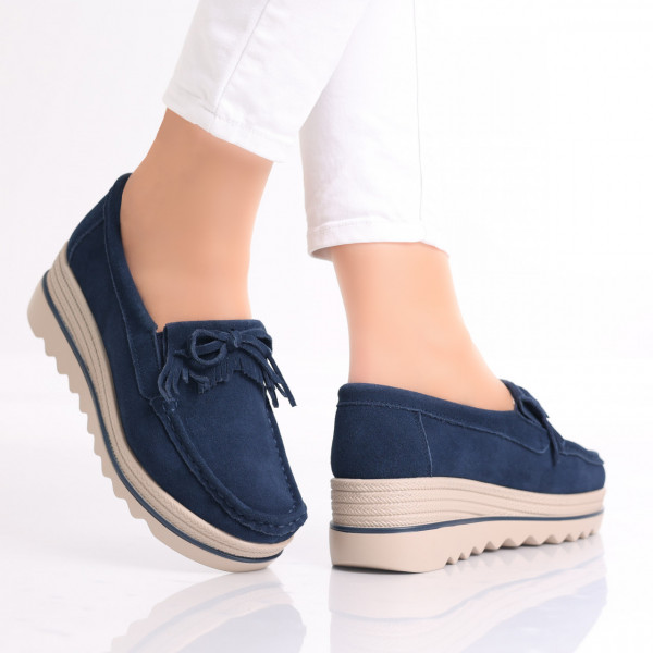 Asion Ladies' Navy Blue Natural Leather Platform Shoes