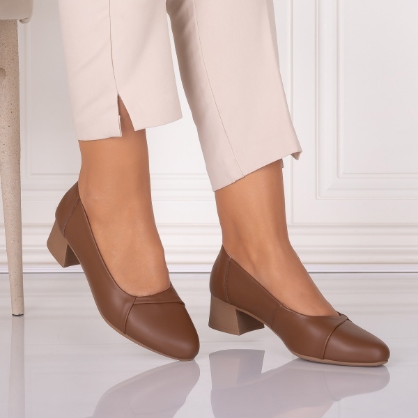 Pantofi dama cu toc Camel din Piele Naturala Rimela