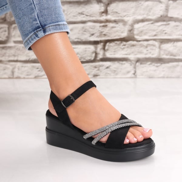 Sandale dama cu platforma Negre din Piele Ecologica Intoarsa Mefira