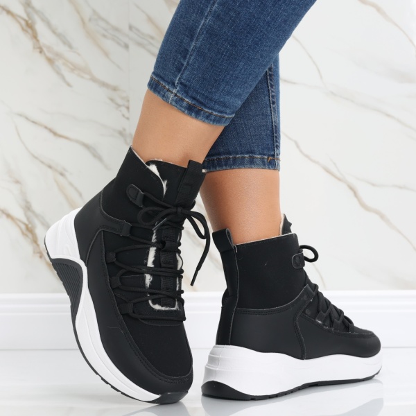 Sneakers dama Imblaniti Negri din Piele Eco,Piele Eco Intoarsa Asiva