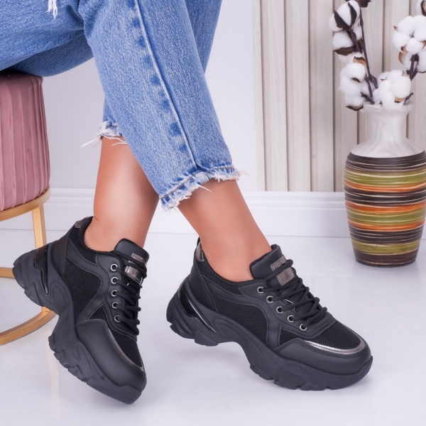 Sneakers dama Negru-Gri din Textil si Piele Ecologica Nera