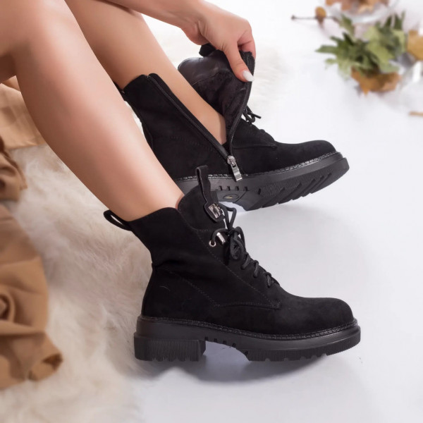 Γυναικείες μπότες μαύρες δερμάτινες με επένδυση σουέτ