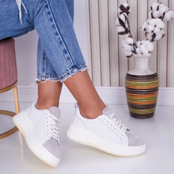 Pantofi dama casual White Silver din Piele Naturala Lizy