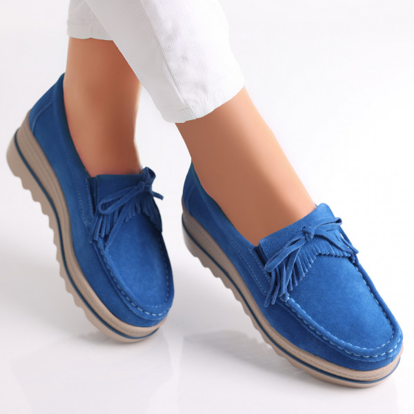Сини дамски обувки на платформа от естествена кожа Asion