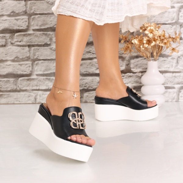 Papuci dama cu platforma Negri din Piele Ecologica Brillya