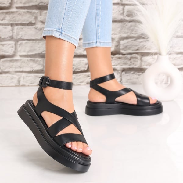Sandale dama cu platforma Negre din Piele Ecologica Casica