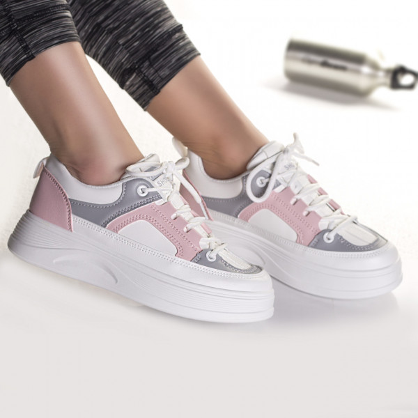 Γυναικεία οικολογικά δερμάτινα αθλητικά παπούτσια λευκά με γκρι ρίμες