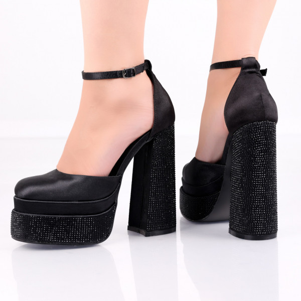 Черни дамски обувки с ток от сатен Xavera