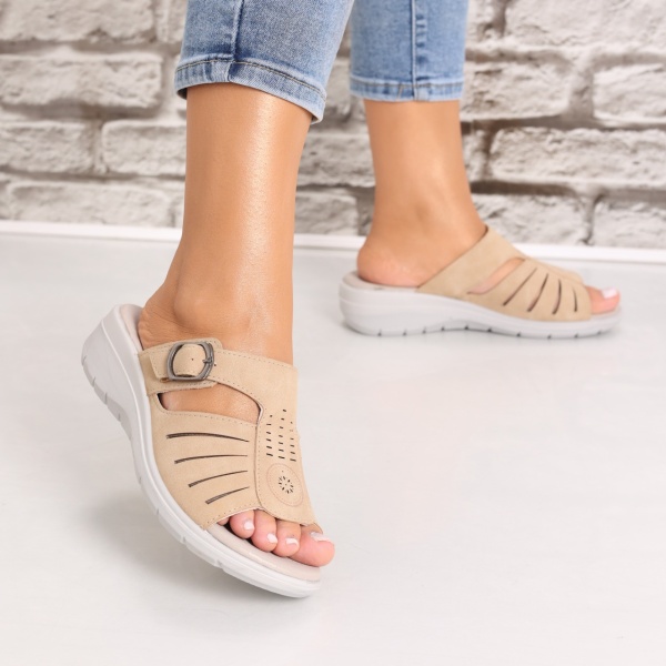 Papuci dama cu platforma Kaki din Piele Ecologica Monine