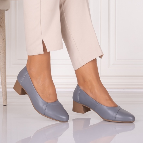 Pantofi dama cu toc Gri din Piele Naturala Rimela