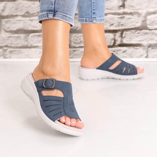Papuci dama cu platforma Bleumarin din Piele Ecologica Monine