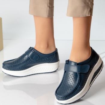 Γυναικεία casual παπούτσια navy blue φυσικό δέρμα run - Img 2