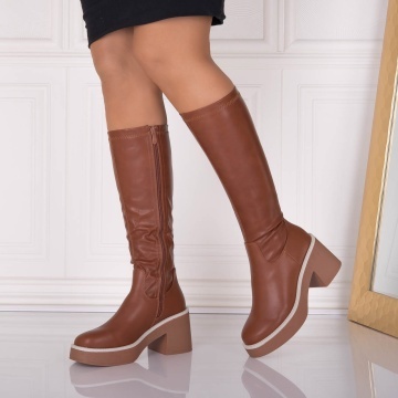 Cizme dama cu toc Camel din Piele Ecologica Vonnie