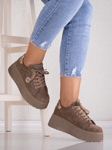 Sneakers dama cu platforma Khaki din Piele Ecologica Intoarsa Masega - Img 2