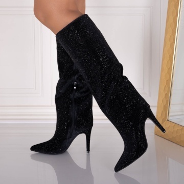 Cizme dama cu toc Negre din Piele Ecologica Intoarsa Latorya