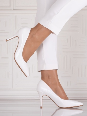 Pantofi dama cu toc Albi din Piele Ecologica Lacuita Molnas