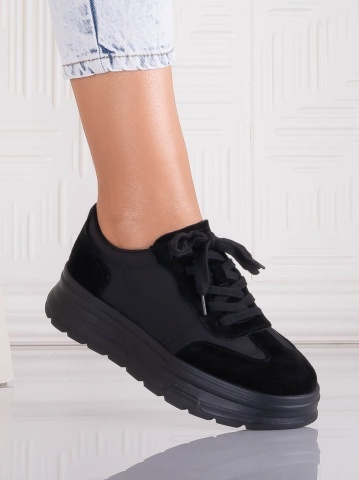 Pantofi dama casual Negri din Piele Naturala Intoarsa si textil Narella