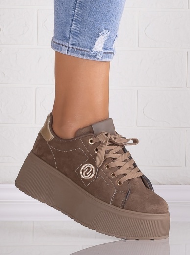 Sneakers dama cu platforma Khaki din Piele Ecologica Intoarsa Masega - Img 4