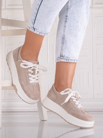 Pantofi dama casual Bej din Piele Naturala Intoarsa si textil Narella
