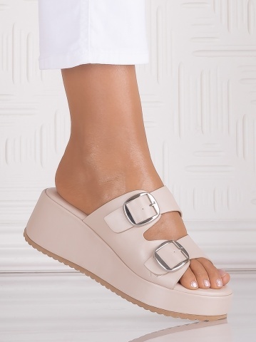 Papuci dama Bej cu platformă din Piele Ecologica Strinca