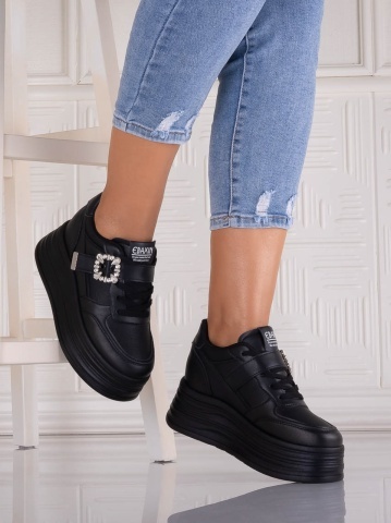 Sneakers dama cu platforma Negri din Piele Ecologica Alorna