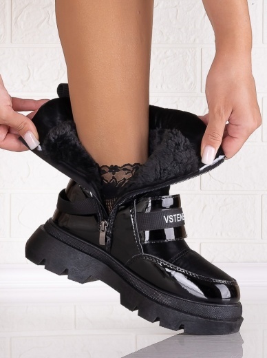 Ghete dama Imblanite Negre din Piele Eco Lacuita si Fas Armin