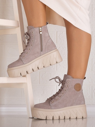 Ghete dama cu platforma Imblanite Khaki din Piele Naturala Intoarsa Canita