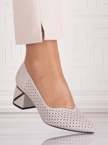Pantofi dama cu toc Gri din Piele Ecologica perforată Benvia