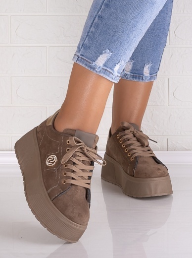 Sneakers dama cu platforma Khaki din Piele Ecologica Intoarsa Masega