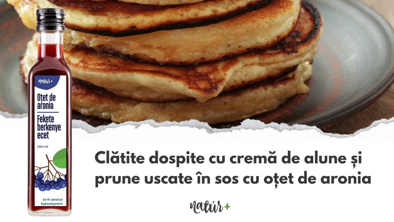 Clătite dospite cu cremă de alune și prune uscate în sos cu oțet de aronia