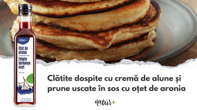 Clătite dospite cu cremă de alune și prune uscate în sos cu oțet de aronia