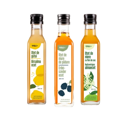 Natúr + csomag salátákhoz – Birsalma-, Erdei szeder- és Bodzavirág ecet (3 × 250 ml)