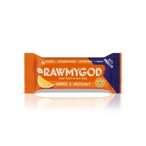 Baton proteic Rawmygod cu Portocale si Alune de padure 25% proteina